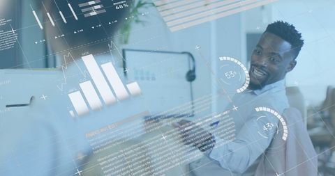 Business team analyzing digital data with holographic charts