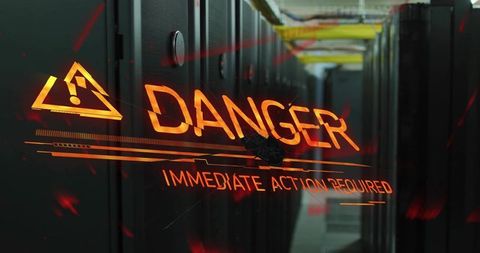 Glowing danger immediate action required holographic alert across data center aisle urgent