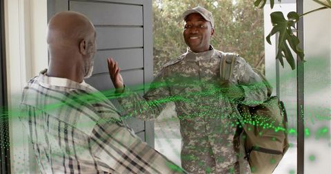 Smiling Soldier Returning Home Greeting Family at Doorway Military Homecoming Reunion