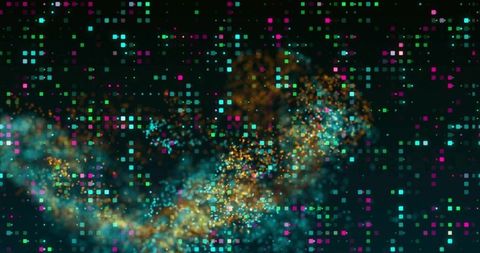 Dynamic pixelated data stream with glowing particles