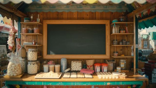 Charming vendor stall with chalkboard and candy jars
