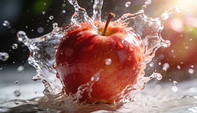 Sunlit red apple splashing in water with crisp droplets, bokeh and glossy macro motion