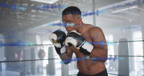 Boxer training in ring with digital waveform overlay for performance tracking and fitness