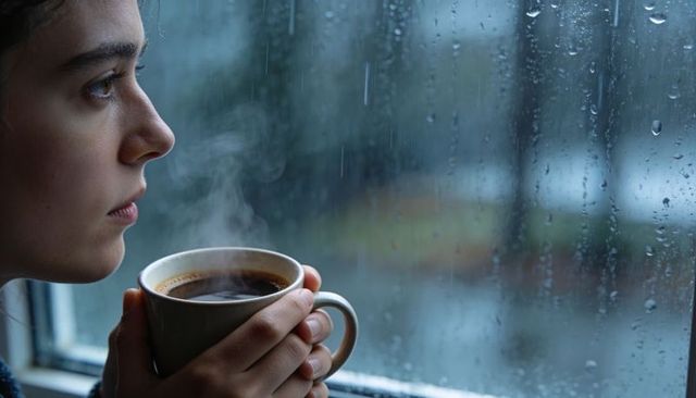 Woman cradling steaming cup while gazing through rainy window, moody cozy morning