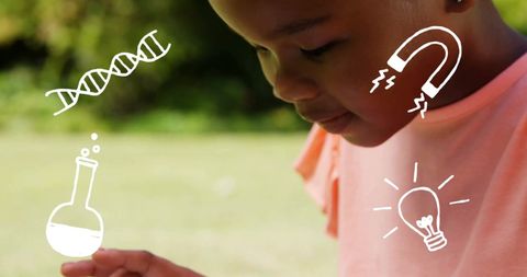 Curious Schoolgirl Exploring Technology with Digital Icons