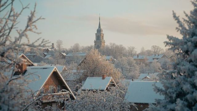 Snow-Covered Village With Church Steeple in Winter Light