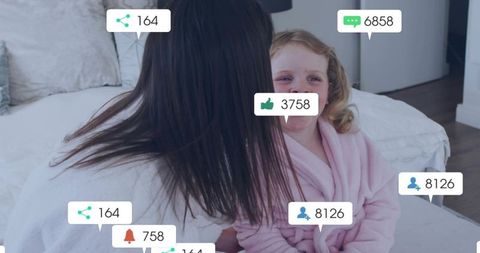 Mother and daughter sharing cozy morning with social media notifications and likes overlay