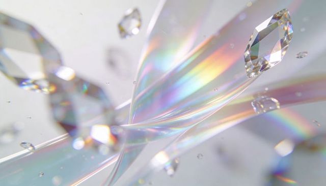 Iridescent ribbon twisting through prismatic droplets with opalescent light trails