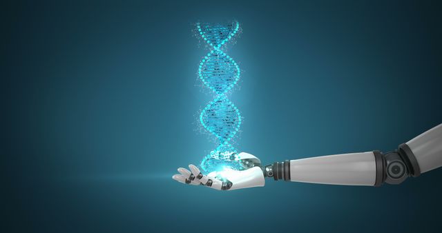 Robot hand holding a glowing DNA strand representing the fusion of technology and genetics. Suitable for illustrating topics in biotechnology, genetic engineering, artificial intelligence in healthcare, scientific advancements, and futuristic innovations.