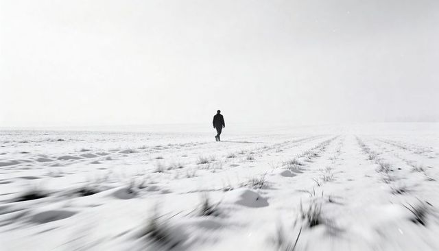 Lone man walking across vast snowy furrowed field under pale sky, minimalist monochrome