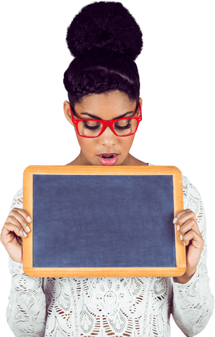 young woman with red glasses holding blank chalkboard, transparent png - Download Free Stock Videos Pikwizard.com
