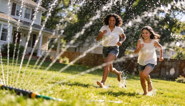 Joyful woman and girl running through backyard sprinkler splashing on sunlit summer lawn