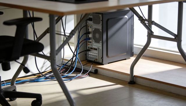 Under-desk pc tower with tangled cables and sunlight streaks on modern office floor