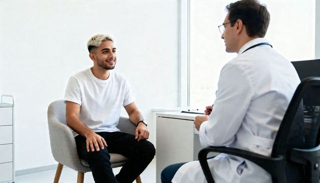 Young man consulting doctor in modern clinic smiling during friendly medical consultation