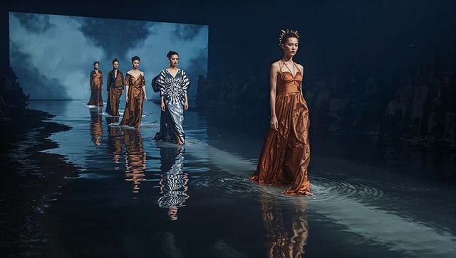 Elegant models showcase fashion under atmospheric lighting