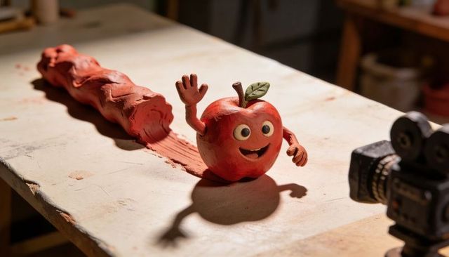 Waving clay apple character on workbench for stop-motion with rolled red clay and camera