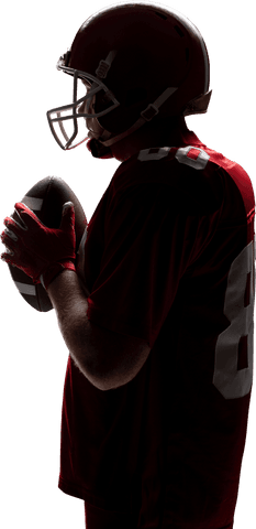 Side view of american football player in red uniform on transparent background