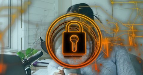 Remote work cybersecurity woman holding mug recording podcast with padlock overlay