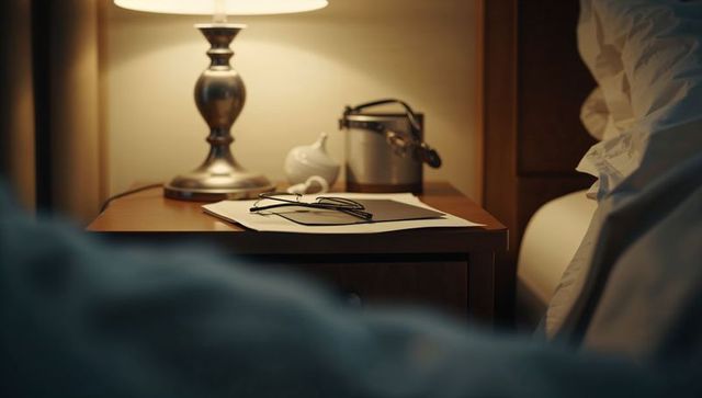 Warm bedside still life with glowing lamp, reading glasses on wooden nightstand