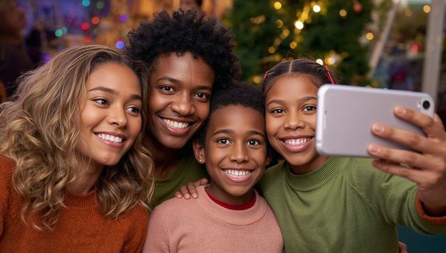 Joyful Mixed-Race Family Taking Christmas Selfie by Festive Tree