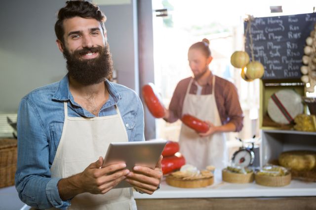 Portrait of smiling staff using digital tablet in market