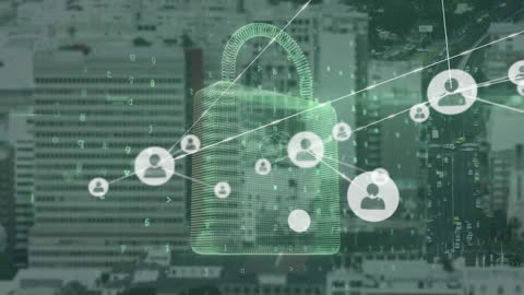 Cybersecurity Network Icons Over High-Tech Urban Background