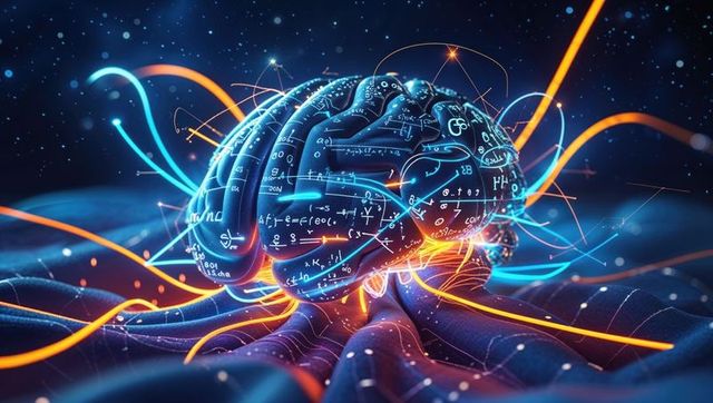 3D Digital Brain with Neon Lines and Equations in Futuristic Space