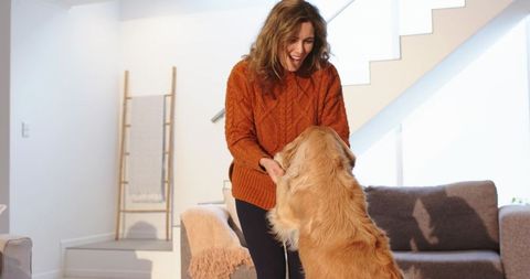 Middle-aged woman playing with golden retriever in cozy modern living room