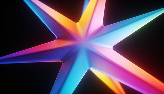 Glowing six-pointed star sculpture radiating neon gradient light with glossy reflective