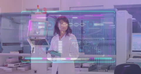 Female Scientist with Holographic Data Display in Laboratory