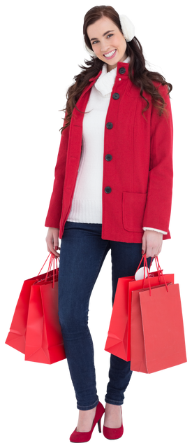 Cheerful Woman in Red Winter Coat Holding Shopping Bags Transparent - Download Free Stock Videos Pikwizard.com