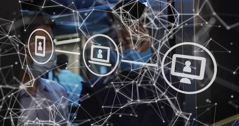 Masked medical staff connecting digital network device icons in futuristic healthcare mesh