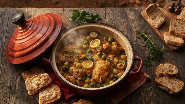Steaming braised chicken with olives and preserved lemon in rustic red dutch oven