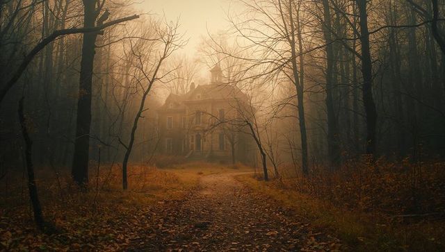 Abandoned Mansion in Misty Autumn Forest