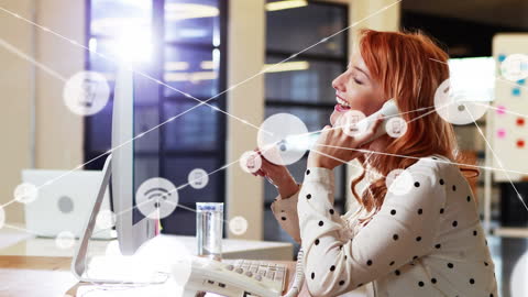 Businesswoman Engaging in Smartphone Conversation with Digital Network Overlay