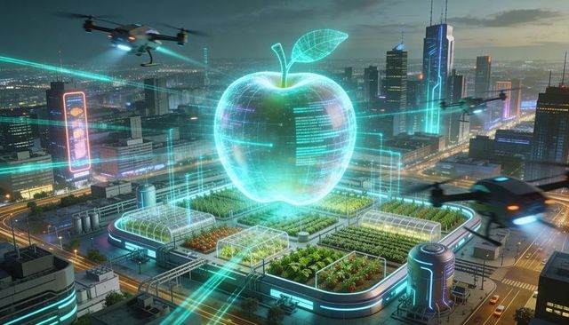 Holographic apple over rooftop hydroponic farm with drone delivery in neon city