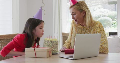 Mother and Daughter Celebrating Birthday Online