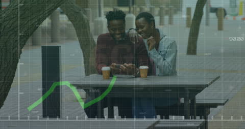 Couple Using Smartphone with Dynamic Data Graphics