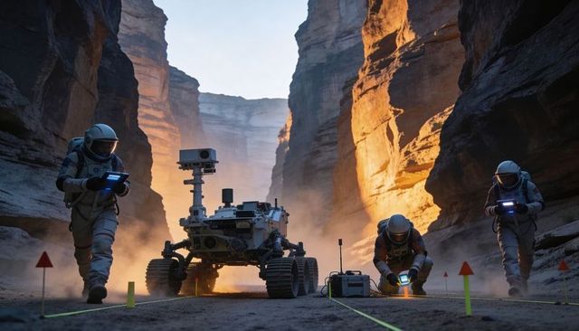 Mars rover traversing narrow sandstone canyon with astronaut crew and neon survey grid at dusk