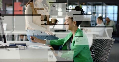 Collaborating on data dashboards with ui overlays in modern office workspace