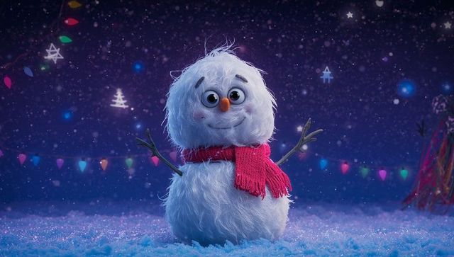 Fluffy White Snowman with Red Knit Scarf in Festive Lights
