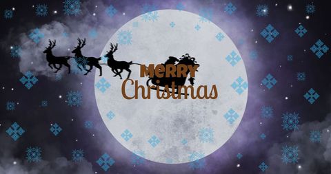 Santa sleigh silhouette against full moon with snowflakes