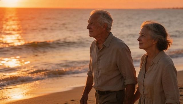 Senior couple walking hand in hand on sunset beach leaving footprints in golden light