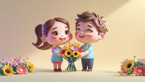 Joyful cartoon children sharing flower bouquet in pastel colors