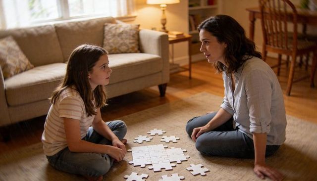 Mother and daughter assembling large white puzzle on living room rug, cozy family bonding
