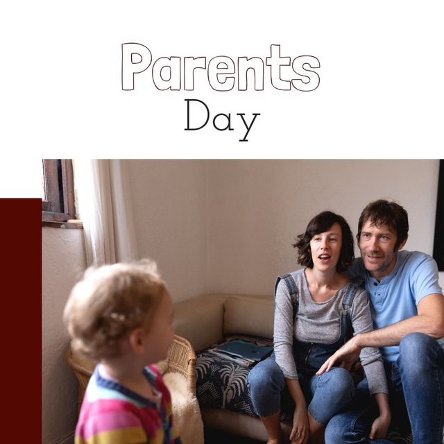 Parents day text with caucasian father and mother looking at baby boy in living room. digital composite, family, togetherness, lifestyle, bonding.