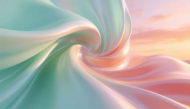 Pearlescent satin swirl forming glossy vortex with pastel sunset glow, iridescent mint