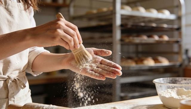 Artisanal baker dusting palm with flour using pastry brush on wooden counter