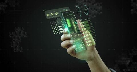 Hand engaging with futuristic holographic smartphone interface