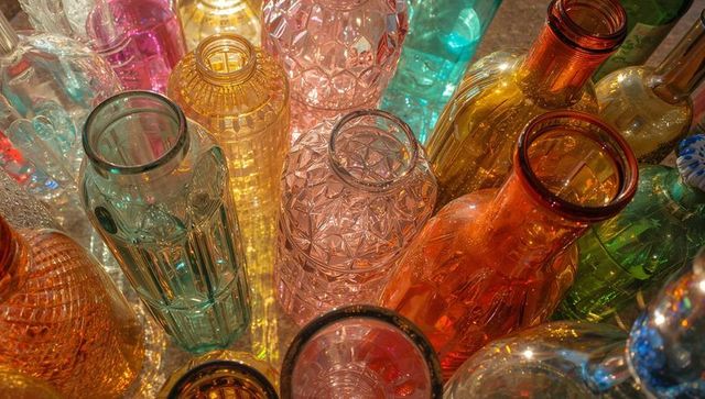 Colorful cut glass bottles and vases with warm reflections
